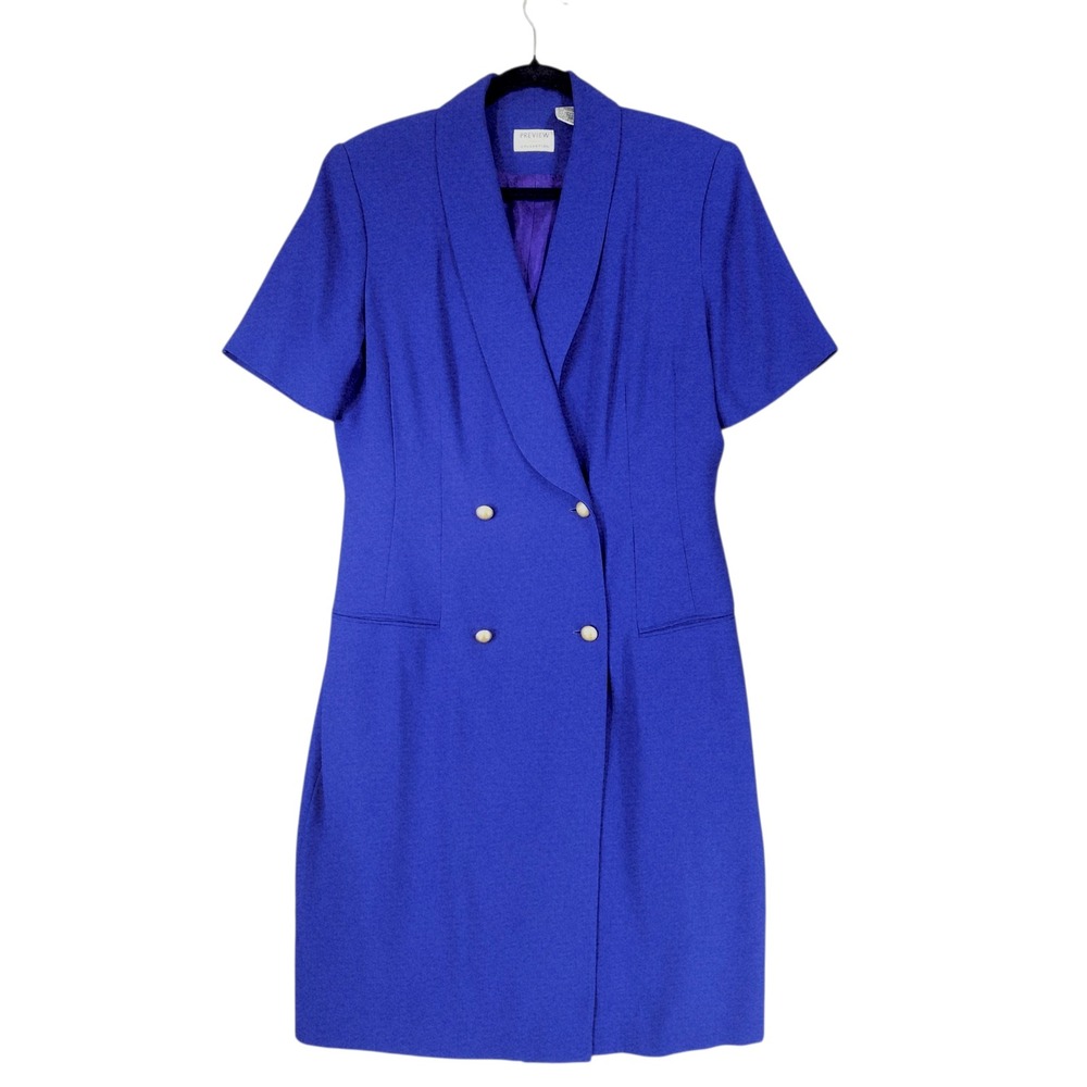 Vtg Preview Collection Dress sz 14 Cobalt Blue Double Breast Short Sleeve Career